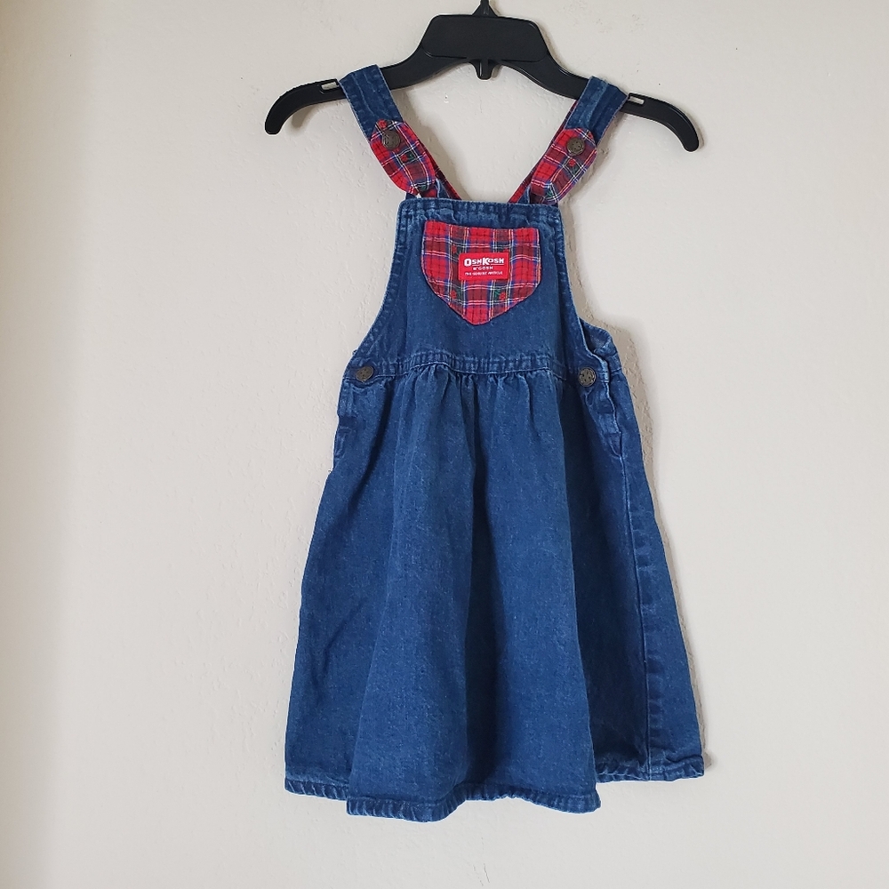Vtg Oshkosh Vestbak Overall Jumper Dress Denim Red Plaid Trim USA Classic Size 6 - Picture 8 of 8